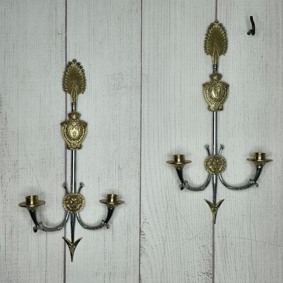 Pair of VTG Reproduction Neoclassical Empire Brass/Chrome 2 Arm Candle Holders - Picture 9 of 16